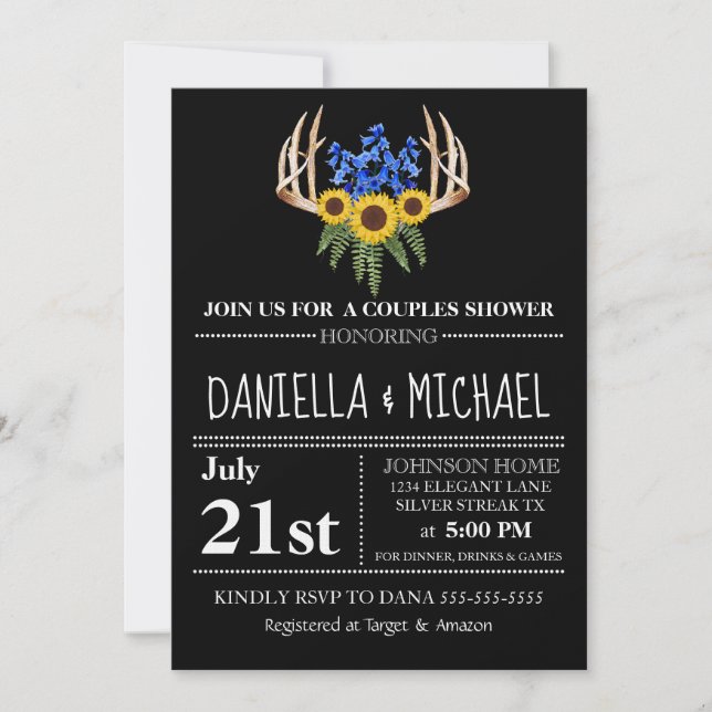 Invitación Rústico Floral Antlers Parejas Ducha Boda (Anverso)