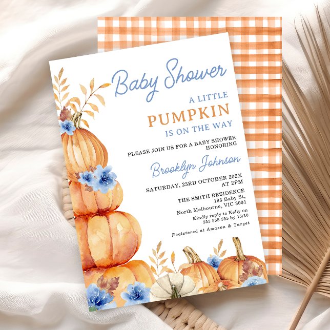 Invitación Rústico Floral Azul Pequeña Calabaza Baby Shower (Boys Little Pumpkin Baby Shower Invitation, Blue Floral Pumpkin Themed Fall Baby Shower, Autumn)