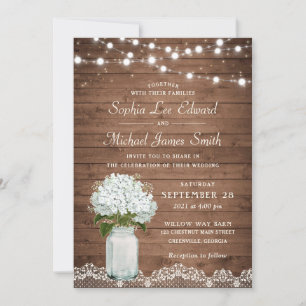 Invitación Rústico Floral Blanca Hydrangea Mason Jar Lace Lig
