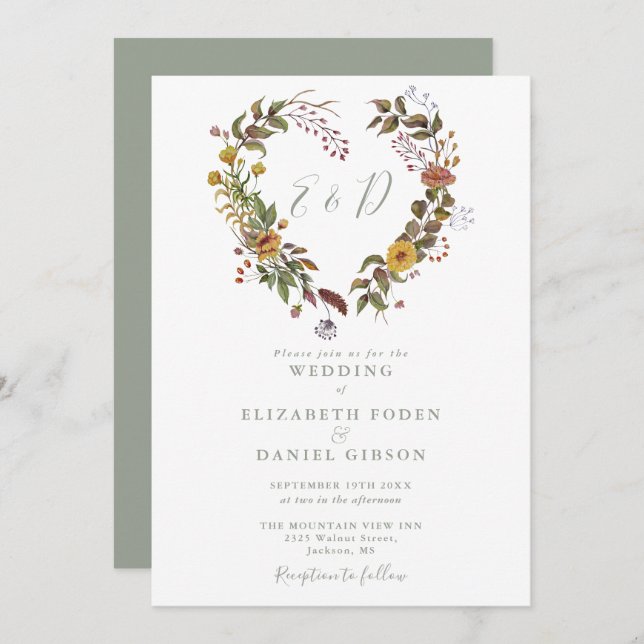 Invitación Rústico Floral Código QR Boda verde sabio moderno (Anverso / Reverso)