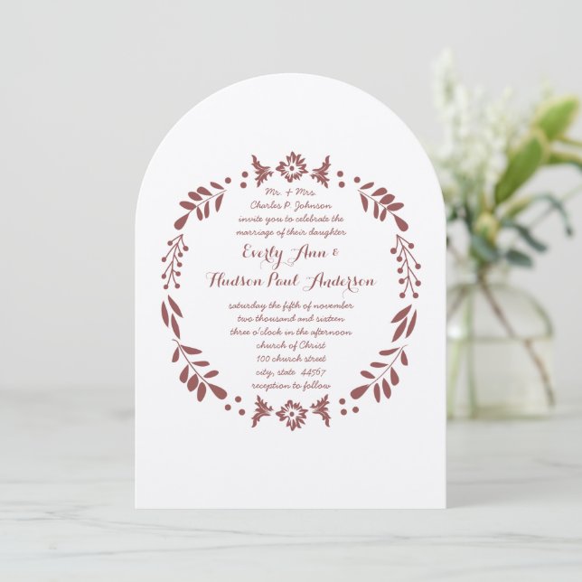 Invitación Rústico Floral Garland Folk Art Marsala Boda (Anverso de pie)