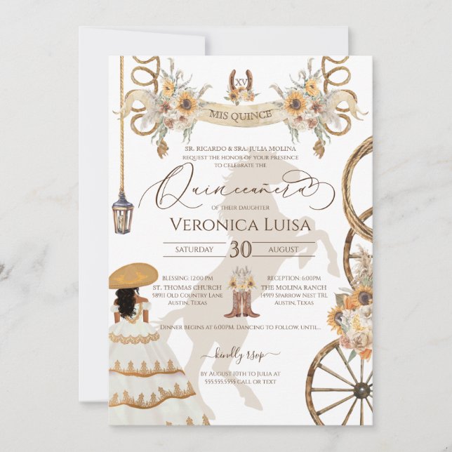 Invitación Rústico Floral Girasol Charro Vestido Quinceañera (Anverso)