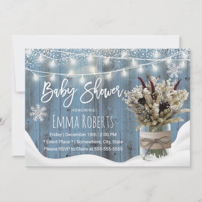 Invitación Rústico Floral Jar Dusty Blue Winter Baby Shower (Anverso)