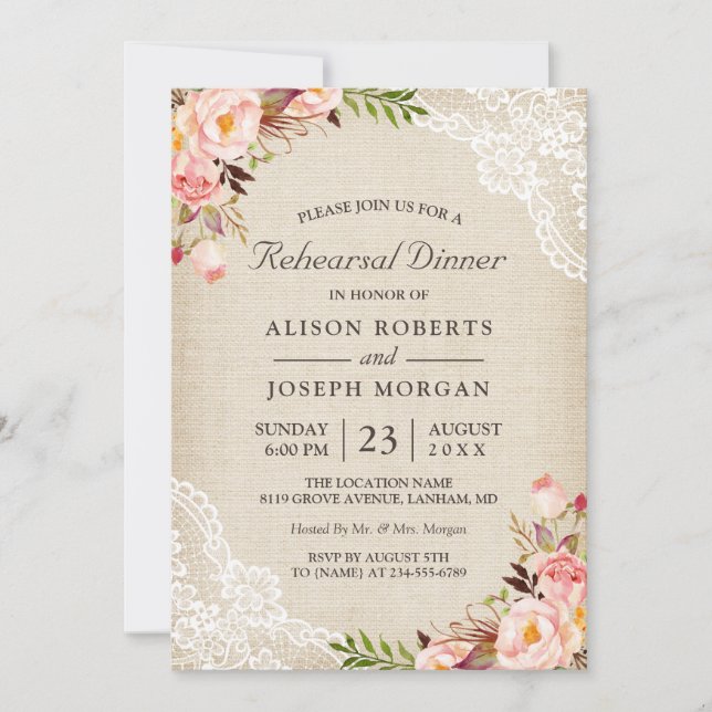 Invitación Rústico Floral Lace Burlap Boda Ensayo Cena (Anverso)