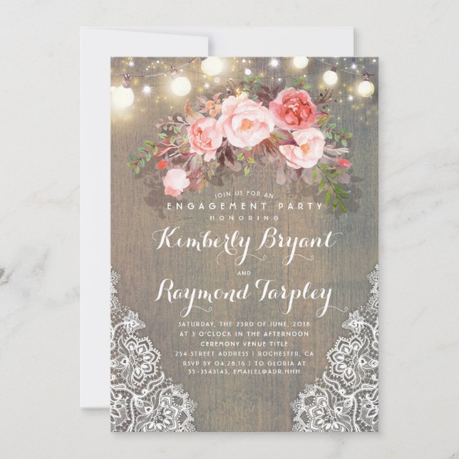 Invitación Rústico Floral Lace Encendido Partido de Compromis (Anverso)