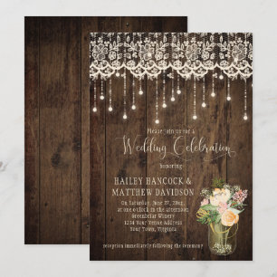 Invitación Rústico Floral Mason Jar Lace Luces  