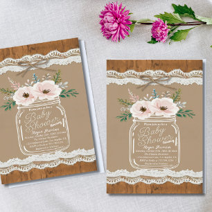 Invitación Rústico Floral Mason Jar Lace & Twine Baby Shower