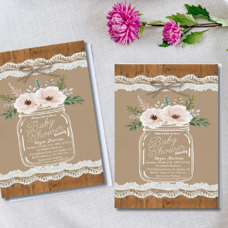 Invitación Rústico Floral Mason Jar Lace & Twine Baby Shower