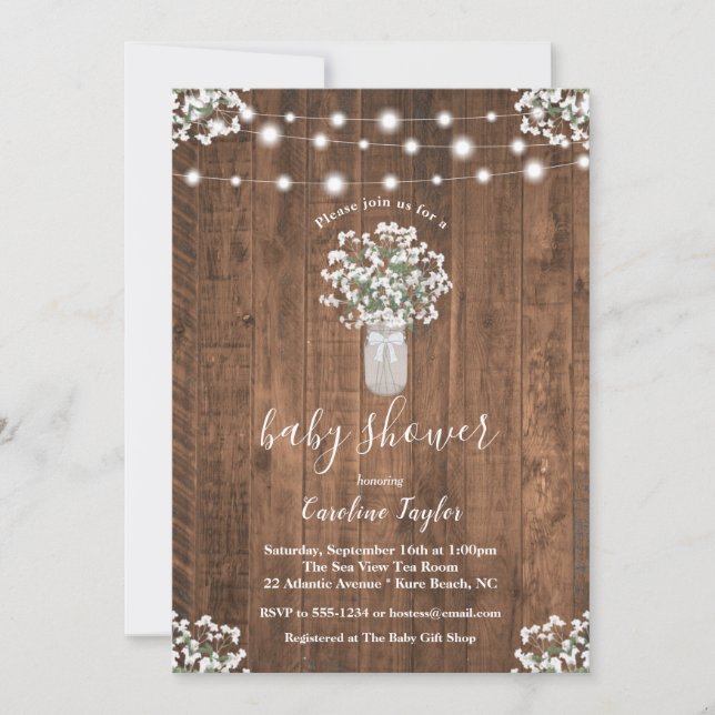 Invitación Rústico Floral Mason Jar String Light Baby Shower (Anverso)