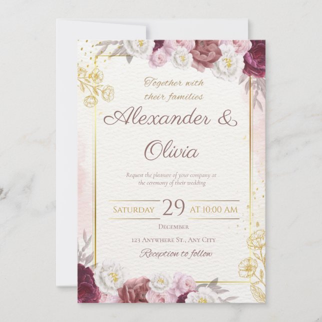 Invitación Rústico floral rojo y dorado Boda blanco elegante (Anverso)