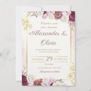 Invitación Rústico floral rojo y dorado Boda blanco elegante