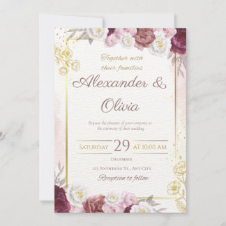 Invitación Rústico floral rojo y dorado Boda blanco elegante