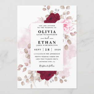 Invitación Rústico floral rojo y rosa elegante Boda blanco