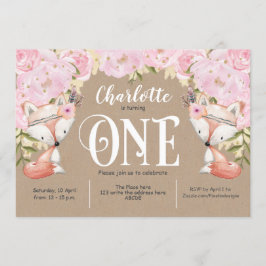 Invitación Rústico, Floral Rosa, Woodland, Chica Primer Cumpl