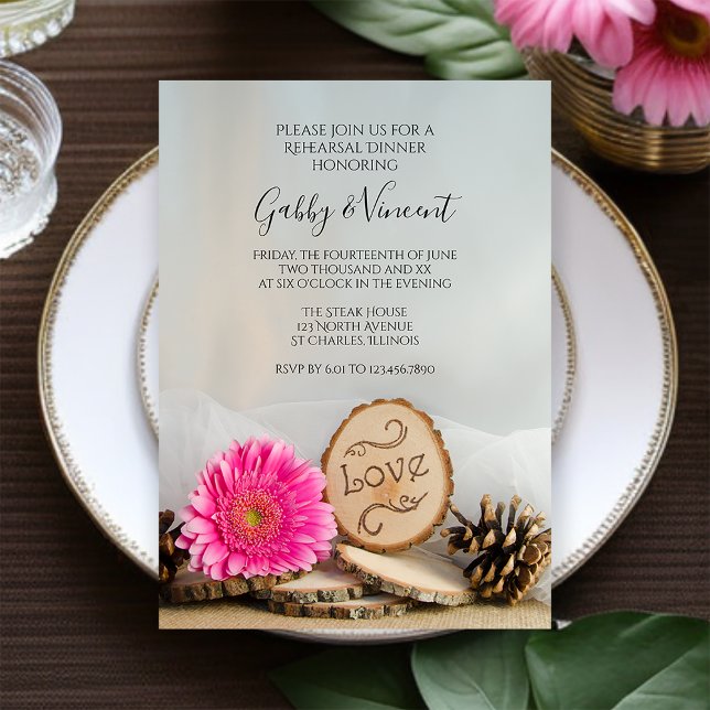 Invitación Rústico Gerber Daisy Woodland Cena de ensayo (Subido por el creador)