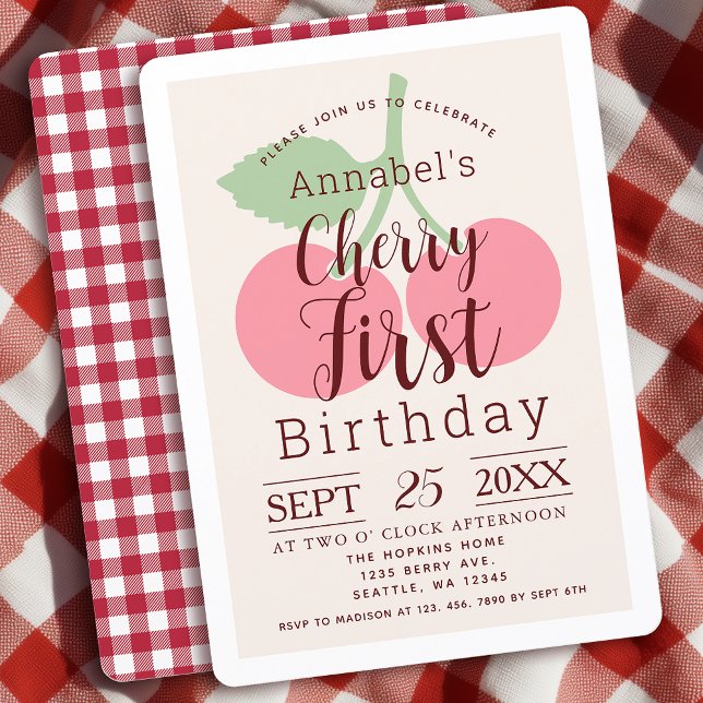 Invitación Rústico Gingham Cherry Primer Cumpleaños (Subido por el creador)