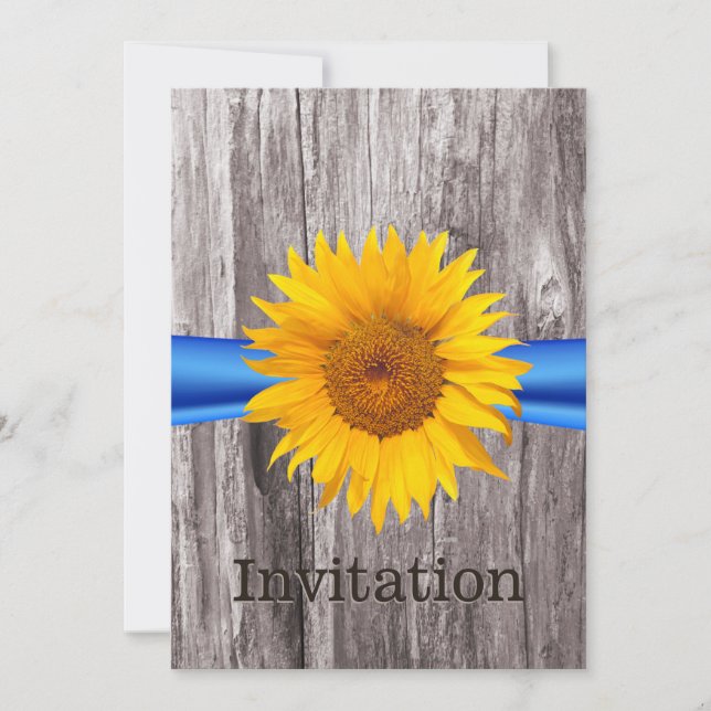 Invitación Rústico girasol azul Cinta de la Madera Ducha de l (Anverso)
