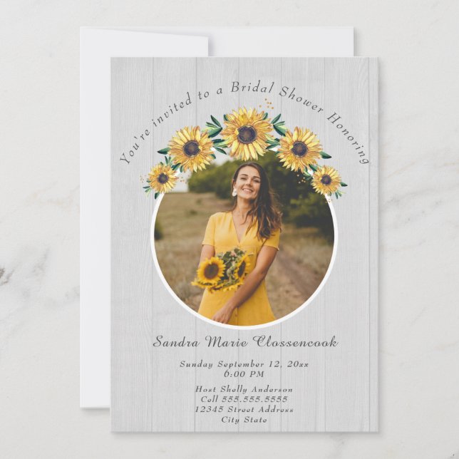 Invitación Rústico girasol Boda de madera blanca ducha de nov (Anverso)