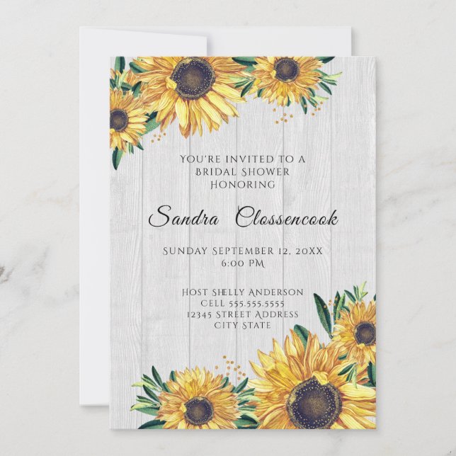 Invitación Rústico girasol Boda de madera blanca ducha de nov (Anverso)