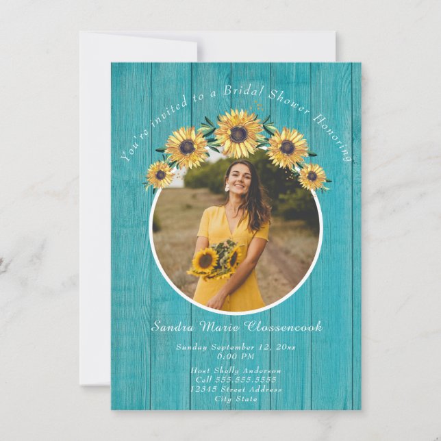 Invitación Rústico girasol Boda de madera Verde azulada ducha (Anverso)