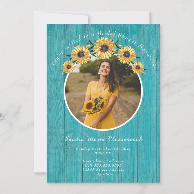 Invitación Rústico girasol Boda de madera Verde azulada ducha (Anverso)