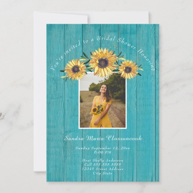Invitación Rústico girasol Boda de madera Verde azulada ducha (Anverso)