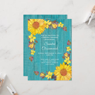 Invitación Rústico girasol Boda de madera Verde azulada ducha