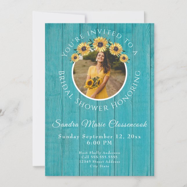 Invitación Rústico girasol Boda de madera Verde azulada ducha (Anverso)