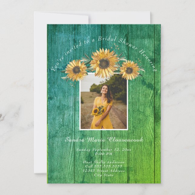 Invitación Rústico girasol Boda de madera verde ducha de novi (Anverso)