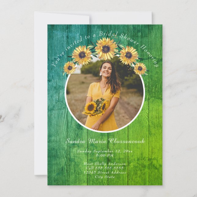 Invitación Rústico girasol Boda de madera verde ducha de novi (Anverso)