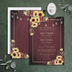 Invitación Rústico girasol Borgoña Boda Floral Invi