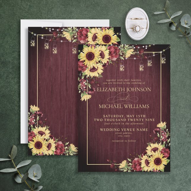 Invitación Rústico girasol Borgoña Boda Floral Invi (Subido por el creador)