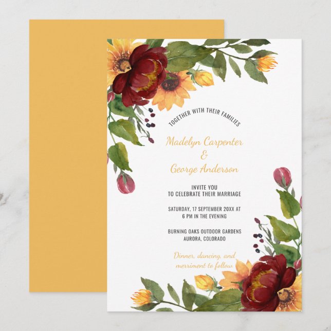 Invitación Rústico girasol Borgoña y Boda floral amarillo (Anverso / Reverso)