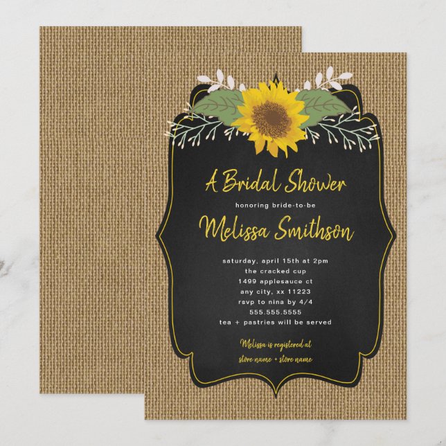 Invitación Rústico girasol Burlap Chalkboard Bridal Shower (Anverso / Reverso)