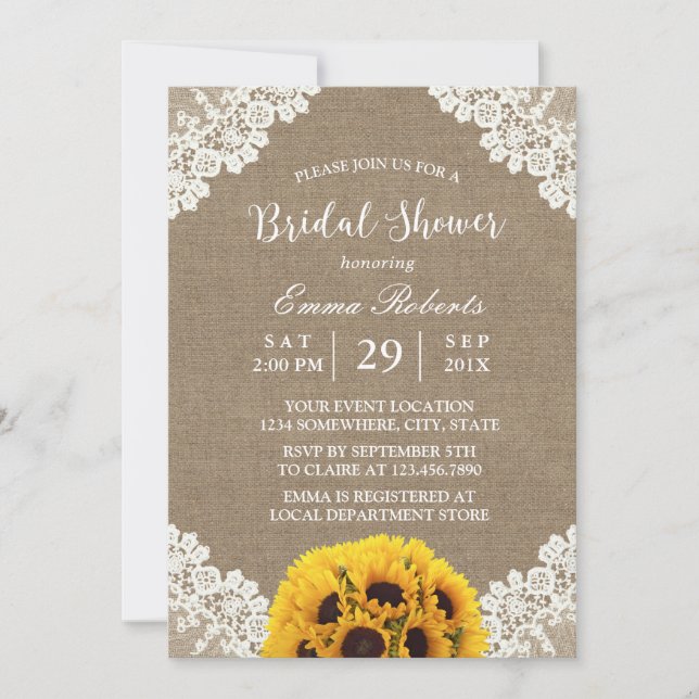 Invitación Rústico girasol Burlap White Lace Bridal Shower (Anverso)