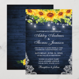 Invitación Rústico Girasol Floral Azul Madera Jar Luces Lace