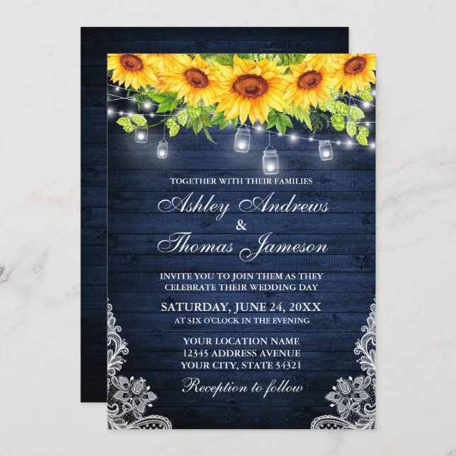 Invitación Rústico Girasol Floral Azul Madera Jar Luces Lace (Anverso / Reverso)