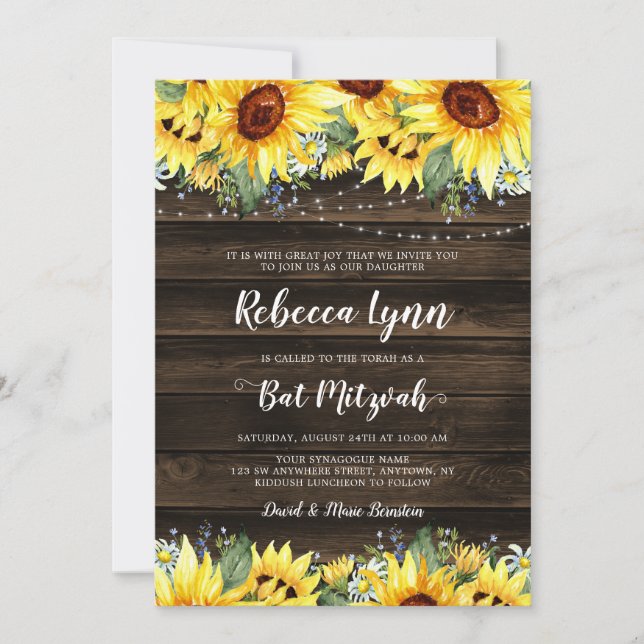 Invitación Rústico Girasol Floral String Lights Bat Mitzvah (Anverso)