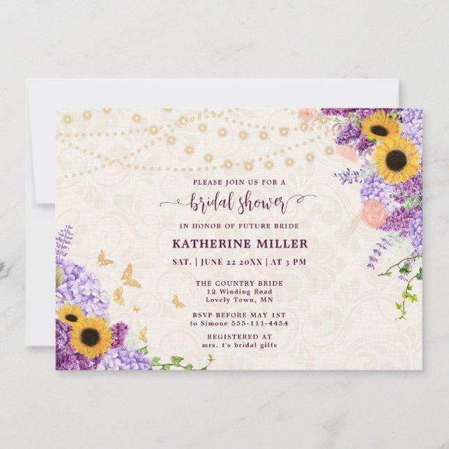 Invitación Rústico girasol Lilac Beige Linen Bridal Shower (Anverso)