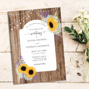 Invitación Rústico girasol marco floral madera Boda