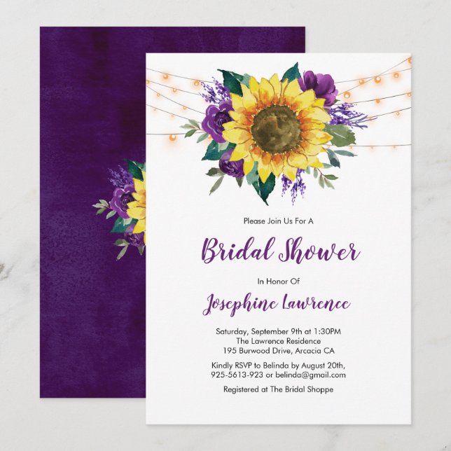 Invitación Rústico girasol Morado Floral Bridal Shower (Anverso / Reverso)