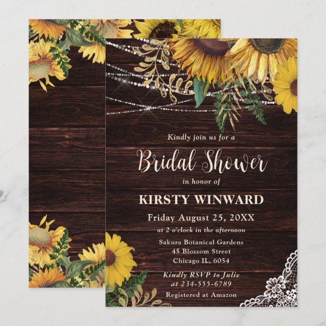 Invitación Rústico girasol y cadenas iluminan ducha de novia (Anverso / Reverso)