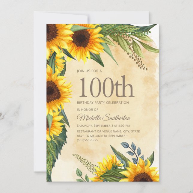 Invitación Rústico girasoles amarillos 100 cumpleaños (Anverso)