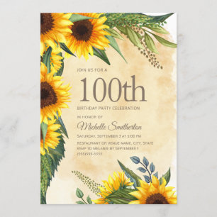 Invitación Rústico girasoles amarillos 100 cumpleaños