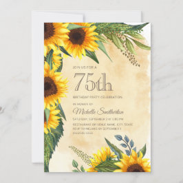 Invitación Rústico girasoles amarillos 75 cumpleaños