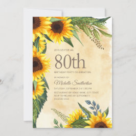 Invitación Rústico girasoles amarillos 80 cumpleaños