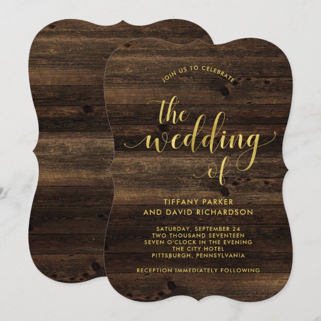 Invitación Rústico Glam | Boda de Wood and Faux Gold (Anverso / Reverso)