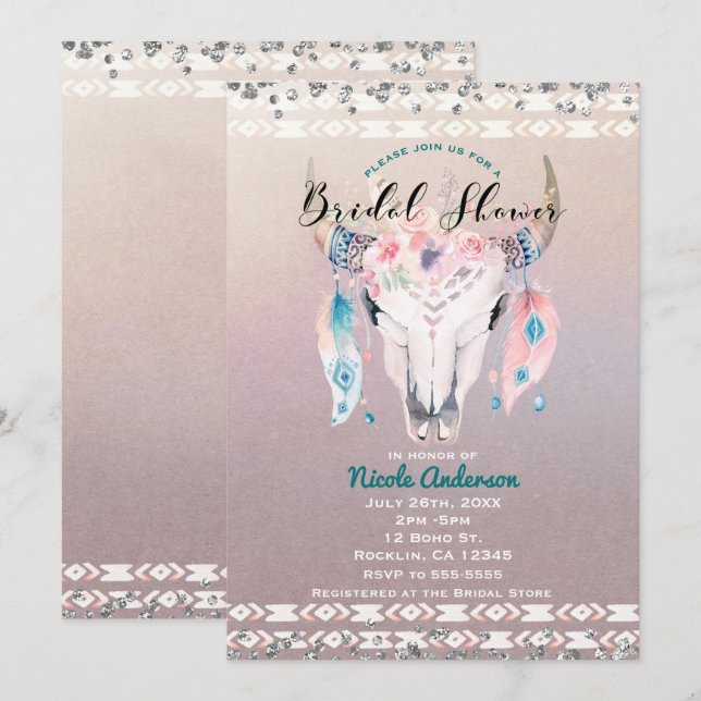 Invitación Rústico Glam Boho Floral Cow Skull Brill Shower (Anverso / Reverso)