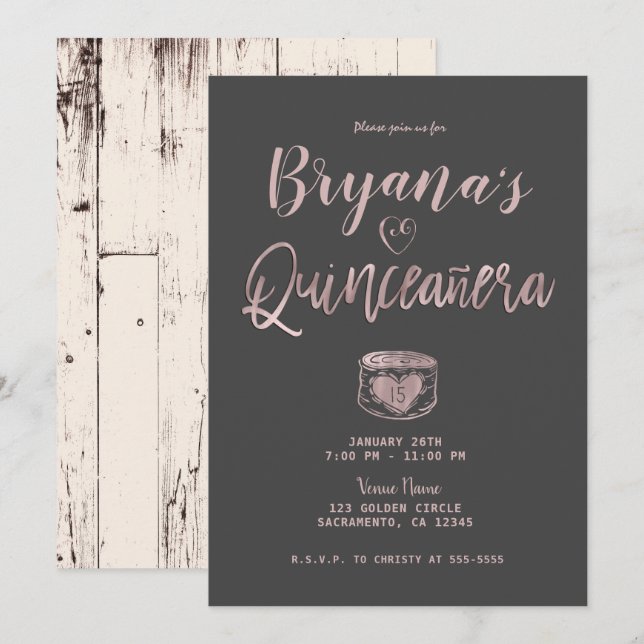 Invitación Rustico Glam Rosa Dorado Gris 15 Quinceañera (Anverso / Reverso)