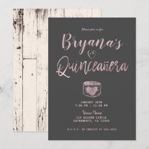 Invitación Rustico Glam Rosa Dorado Gris 15 Quinceañera